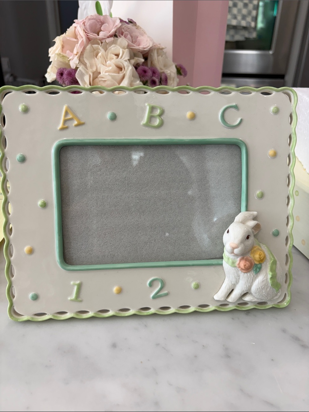 Belleek White Ceramic Bunny Frame with Pastel Green, Yellow and Pink Accents